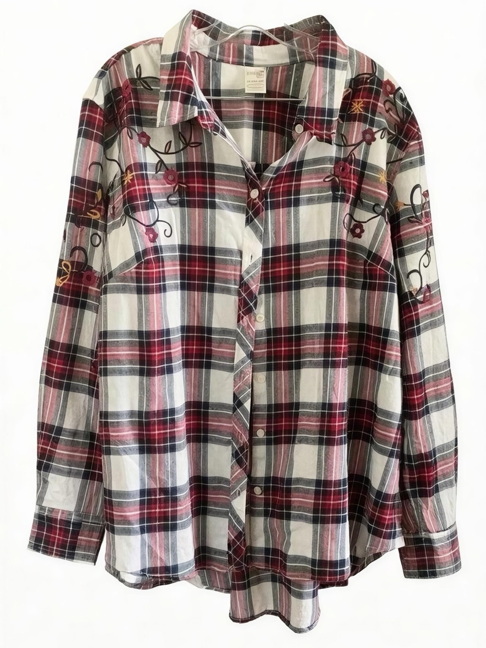 Terra & Sky Red, White & Black Plaid Button-Down with Floral Embroidery